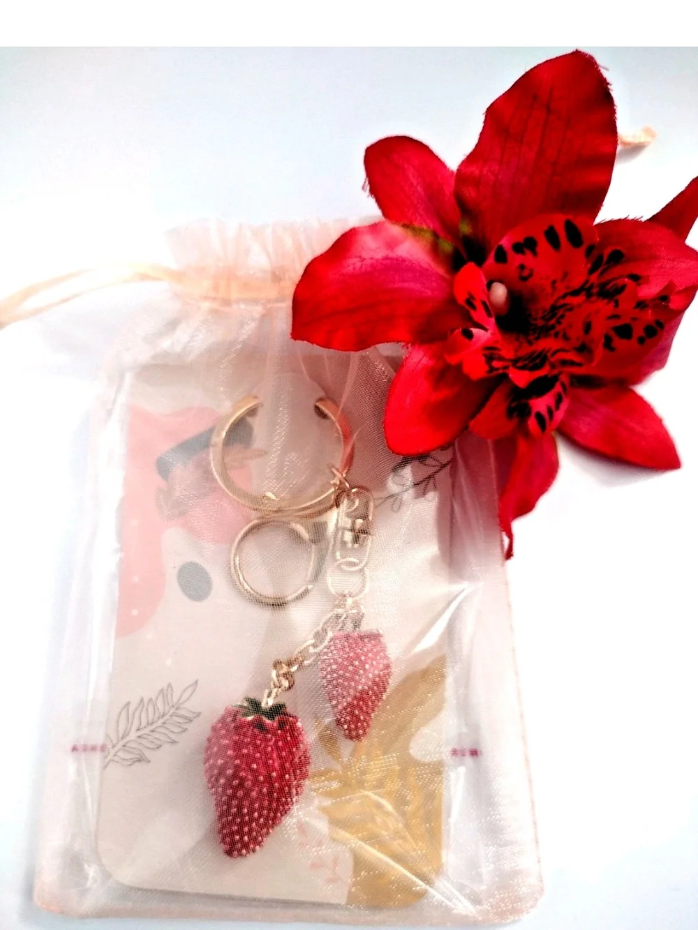 Gold Strawberry Keychain Bag Charm - Red Charm Accessory